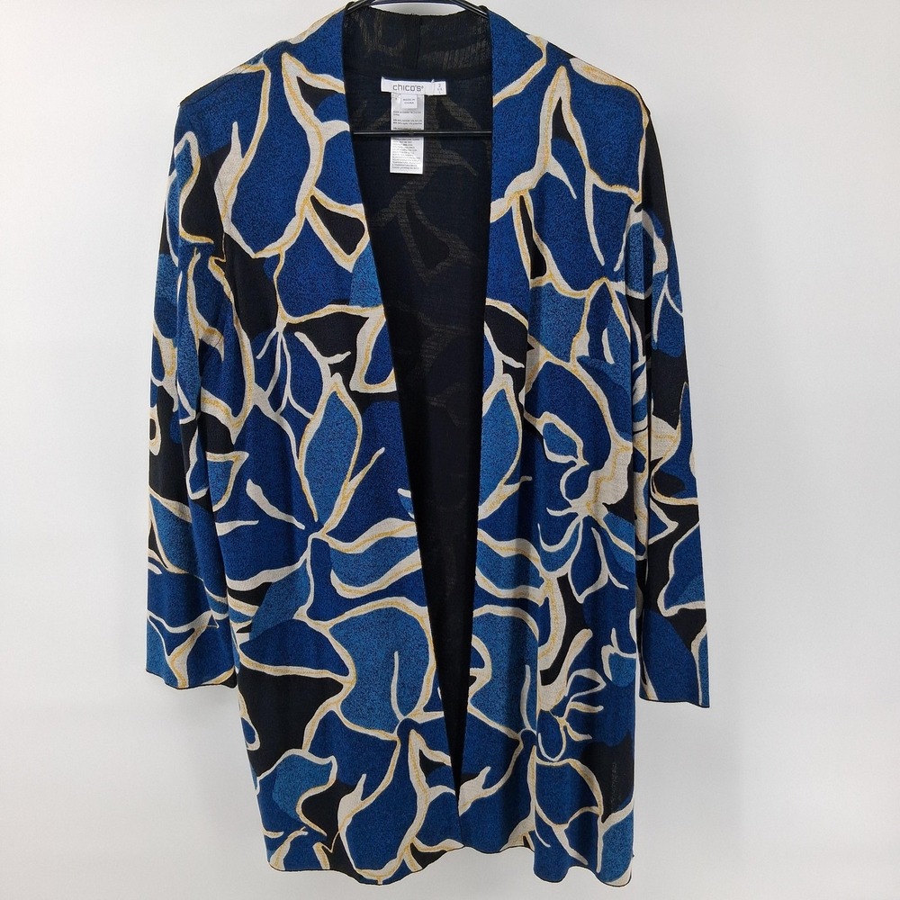 Chico's Cardigan Sweater Womens L Blue Floral Open Front Knit 3/4 Sleeve